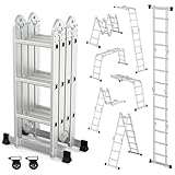 OUTIGO Mehrzweckleiter 4x3, 7in1 Multifunktionsleiter, 350CM Alu Vielzweckleiter Klappleiter mit 2 Räder, Haushaltsleiter Max Belastung 150kg, Multifunktionsleiter 12 Sprossen