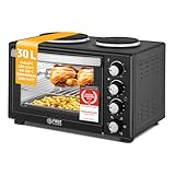 TZS First Austria - Minibackofen mit Kochplatten 30L 3200 W - Mini Backofen Pizzaofen mit Herdplatten bis 230°C & 6 Heizmodi - Miniofen Kombigerät mit 4 Einschubhöhen & hochwertigem Zubehör