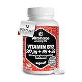 Vitamin B12 500 mcg hochdosiert, 360 Tabletten für 1 Jahr mit 375 mcg Vitamin B9 Folsäure + Vitamin B6, Natürliche Nahrungsergänzung ohne Zusatzstoffe, Made in Germany