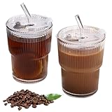 LOMUG Glasbecher mit Deckel und Strohhalm, 2 Stück 400ml Glas Smoothie Becher mit Strohhalm, Luftdicht Wasserdicht Design Glasbecher Set, Glas Smoothie Becher für Latte Tee Iced Americano Milch Saft