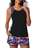 Summer Mae Bescheidener Tankini-Badeanzug für Damen, strukturiert, gerippt, Bauchkontrolle, Badeshorts mit Taschen, Mehrfarbige Handfläche, 16