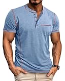 LAOARA T-Shirts Herren Henley Shirt Kurzarm V Ausschnitt Sommer Sport mit Tasche Knopfleiste Slim Fit Hemd Blau L