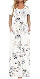 AUSELILY Damen Kurzarm Sommer Casual Long Maxi Kleider mit Taschen Weiße Blumen XL