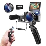 CCN Digitalkamera 4K, 48MP Fotokamera mit 180° Flip 3.0' Bildschirm, 16X Digitalzoom Kompaktkamera mit Stativ und Mikrofon, mit Weitwinkel Linse und Macro Linse, Fernsteuerung, 32GB TF-Karte, Schwarz
