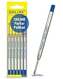 ONLINE Schreibgeräte 6 Kugelschreiberminen blau, G2-Format Strichstärke medium, passend für: Parker, Pelikan, Faber-Castell etc, extrem hochwertig & langlebig, Standard Kugelschreiber Minen