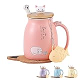 Katzen-Tasse Süße Keramik Kaffeetasse mit deckel,Edelstahl Löffel, Neuheit Morgen Cup Tee Milch Weihnachten Becher Geschenk Teetasse mit Deckel und Sieb Geschenke für Frauen380ML (Rosa)