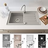 Faizee Möbel Granitspüle 76x44 Küchenspüle Eckig Spülbecken inkl. Siphon Granit Grau