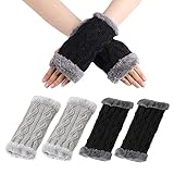 MIVAIUN 2 Paar Fingerlose Handschuhe Halb Fingerhandschuhe Verdickte Plüsch Armstulpen, Gestrickte Handschuhe Winterhandschuhe, Geschenke für Frauen Größe für Erwachsene Jugend (Schwarz und Grau)