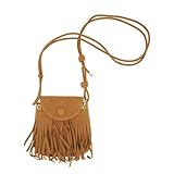 WANSHI Damen Handtasche mit Fransen, Kleine Umhängetasche im Boho-Stil, Cognacbraun, Vintage Schultertasche