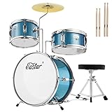 Eastar Schlagzeug 14' 3 PC, für 3-10 Jahre Kinde, Schlagzeug Set mit Snare, Tom, Bass Drum, Bass Drum Pedal, Thron, Becken, Drumsticks, Himmelblau