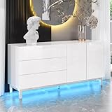 LUXOAK Sideboard Hochglanz Weiß mit LED, Modernes Sideboard mit 2 Türen & 3 Schubladen, Wohnzimmer, Kommode mit elektroverchromten Akzenten, 160 x 76 x 40 cm