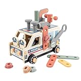Hsyan Holzspielzeug Werkzeugkoffer Kinder ab 3 Jahre, Montessori Spielzeug Werkbank Werkzeug LKW Werkzeuggürtel Koffer Lernspiele für Junge Mädchen, Police Car