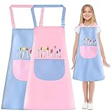 WAIMXDAO 2 Stück Malschürze Kinder, Wasserdicht Malschürze für Jungen Mädchen Verstellbar Kinderschürze Kinder Schürzen Set mit Taschen, für Basteln Malen Backen Kochen (Blau + Rosa)