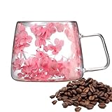 Yhsioaklo Blumen im Inneren der Kaffeetasse | 200 ml Blumen-Kaffeetasse aus getrocknetem Glas, doppelwandig, isoliert, mit Griff für Milch und Säfte