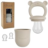 Broemba Baby Fruchtsauger & 3 Schnuller - Beiger 100% Silikon Nahrungsschnuller mit Beißring - Fruchtschnuller für Obst, Gemüse & Babynahrung - BPA-frei