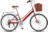 HerfsT 24/26 Zoll Citybike, Beachcruiser-Fahrrad mit 7 Gängen, Rahmen aus Kohlenstoffstahl, Korb vorne und Gepäckträger hinten