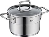 Silit Extra Cook Mini-Fleischtopf 14 cm mit Glasdeckel, Innenskalierung, breiter Schüttrand, qualitativer, spülmaschinenfester Crominox-Edelstahl, kleine Portionen, platzsparend stapelbar, tropffrei
