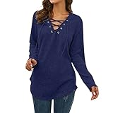 Oberteile Women Bequemer Longtops V Ausschnitt Langärmliges Y2k Frühjahr Weit Blusen Damen mit Tunnelzug Wandern Solid Swing Baumwolle Dunkelblau