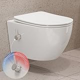 HOROW Dusch WC mit Integrierter Düse, Hänge WC Spülrandlos, WC mit Bidet Funktion, Taharet WC mit Nanobeschichtung, WC Dusche mit Armatur, WC Sitz mit Absenkautomatik, Kalt-Warm Wasser, 53,5×36×37,5cm