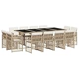 vidaXL Garten Essgruppe 13-TLG., Gartenmöbel Set mit Kissen, Gartengarnitur Tisch 12 Stühle, Sitzgruppe Sitzgarnitur, Beige Poly Rattan