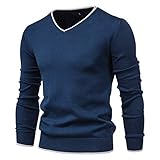 Feziakuk Strickpullover Herren V-Ausschnitt Pullover Herbst Winter Langarm Sweater Basic Winterpullover Warm Arbeitspullove Tops, Blau L