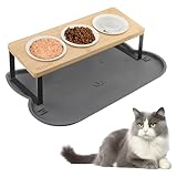 Katzennapf Erhöht, Mezzar 15° Gekippte Ergonomischer Set Futternäpfe Katze aus Keramik, 3er Futterstation Katze mit Fressnapf Napfunterlage Silikon Fressnapf Holz Keramik und Wassernapf für Katzen