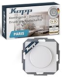 Kopp PARIS Druck-Wechselschalter-Dimmer mit Drehknopf - Arktis-Weiß - Für 7-110W Glühlampen & 3-35W LED - Dimmbarer Lichtschalter für Trafos - Phasenanschnittsdimmer mit Softrastung