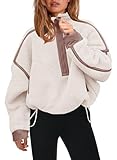 Panadila Damen-Pullover mit halbem Reißverschluss, Sherpa-Fleece, weich, übergroß, Sweatshirt mit Taschen, warm, flauschiger Pullover, Beige, M