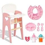 Puppenhochstuhl aus Holz 2-in-1 mit Hocker - Doll High Chair inklusive 6 puppenzubehör - Rosa