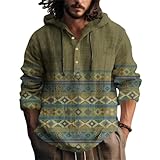 Leinenhemd Herren Langarm Baumwolle Leinen Hoodie Einfarbig Hoody Oberteile Knopfleiste Langarm Hemd mit Kapuze Modische Langarmshirt Sommerhemd Shirt Leichte Bequem Freizeithemden 06-Armeegrün