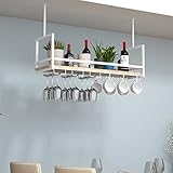 mit Geländer, Weinglasregal an der Decke, hängender Weinflaschenhalter aus Metall und Holz mit 2 Arten von Weinglasregalen, für die Bar-Café-Küche (weiß 120 x 30 x 60 cm)