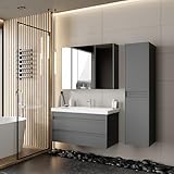 KAREN banyo Badezimmermöbel Set Lara 100 Anthrazit | Keramikwaschbecken | Unterschrank | Spiegelschrank | Softclose-Schubladen & -Türen & unsichtbare Griffe | Moderner Stil | Badmöbel Waschtisch