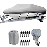 Bootspersenning mit Außenborder Abdeckung,600D Oxford Gewebe Wasserdicht Staub Schutz Bootsplane,Schwarz Bootsplane für Yacht Schnellboot Angelboot V-Rumpf (Grau, 20-22FT)