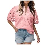 Top Wasserfallausschnitt Damen Sommeroberteile für Damen, elegant, lässig, kurzärmelig, V-Ausschnitt, Knöpfe, ausgehöhlt, Spitze, Bestickt, Blusen, Hemden Damen T Shirt S Sexy (S)