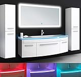 Oimex Jasmin 120 cm Badmöbel mit LED Spiegel + 2X Seitenschrank Hochglanz Weiß Badezimmer Set mit viel Stauraum LED Waschtisch Glaswaschbecken
