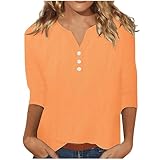 Keepink Leinen-Tops für Damen, Sommer, lässig, Henley-Shirt, klassisch, einfarbig, T-Shirt, 3/4-Ärmel, V-Ausschnitt, elegant, lässig, Tunika, Blusen, leichtes T-Shirt, Damen-Top, Übergröße, 6 Orange,