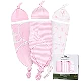 Jam Naturals - Bio-Sack mit Knoten, verstellbarer Klettverschluss, Wickeltuch und Mütze, 3 Stück, Neugeborenen-Schlafsack (0–3 m, 3,2–6,4 kg, Rosa)