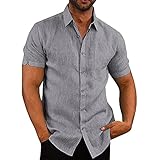 Glacspyg Leinenhemd Herren Kurzarm Leinenhemd Arbeit Freizeithemd Fit Business Casual Urlaub Sommer Strand Hemd Grau L
