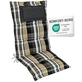 Herlag Hochlehner-Gartenstuhlauflage AVA 123x50x9cm | Extra Dicke Sitzauflage 9 cm mit Kopfpolster | Polsterauflage mit Deluxe-Komfort | Öko Tex 100 | 1 Polster | Beige Kariert