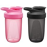 Alaoo Protein Shaker, 2 Stück 400ml Proteinshaker Flasche, Fitness Shaker mit 2 Mixball Edelstahl, BPA-frei und Auslaufsicher Proteinshaker mit Messskala für Proteinpulver, Proteinshake (Schwarz+Rosa）
