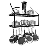 Warmiehomy Küchenregal Wand Pfannenhalter, Wandregal Küche mit 10 Haken, 2-Schicht Topf Pfannen Organizer, Gewürzregal Hängend, Wandmontage Küchenutensilienhalter Küchenablage (74,9x34,8x58,9 cm)