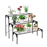 GOPLUS 3 Ebenen Metall Pflanzenständer, Blumentreppe Outdoor, Blumenregal Pflanzentreppe für Garten Balkon, Schwarz (Rechteckig-ohne Muster)