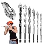 6 Teiliger Vierschneidiger Sägezahn Exzenterbohrer, 4/5/6/8/10/12 mm Exzenterbohrer Set, 1/4 Sechskantschaft Multifunktions Bohrerset für Glas, Beton, Keramik, Holz, Metall, Bohren