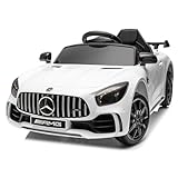 Bonnlo Mercedes-Benz AMG GTR Kinder Elektroauto, 12V 4.5Ah Doppelmotor mit 2.4G Fernbedienung, Auto Spielzeug, Elektrofahrzeuge, ferngesteuertes Auto ab 3 Jahre, Weiß