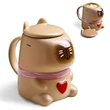 Capybara Tass, 400ml Kaffeetasse mit Deckel, 3D Keramikbecher, Süßer Tierbecher für Kaffee & Tee, Braun, Geschenkidee für Frauen & Männer