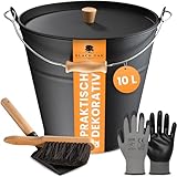 BLACK OAK Ascheeimer FUEGO 10L - schwarz mit Deckel mit Holz-Griff + Feger + Schaufel & Handschuhen - 10L groß Stahl feuerfest verzinkt & pulverbeschichtet Eimer für Asche Kohle Pellets Zubehör Kamin