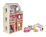 Mamabrum A405 Puppenhaus mit LED-Beleuchtung • 3 Etagen & Möbel-Set • Holz Spielhaus inkl. Zubehör: Küche, Bad, Schlafzimmer • Geschenk für Mädchen ab 3 Jahren