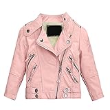LSHDCER Kinder Mädchen Lederjacke Übergangsjacke Motorrad Lederimitat Mantel Frühling Herbst Kunstleder Bikerjacke, Rosa(Plüsch), 122-128