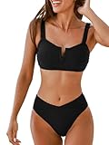 CUPSHE Damen Bikini Set U Ausschnitt Sport Tank Bikini Mid Waist Wickeloptik Texturierte Bademode Zweiteiliger Badeanzug Swimsuit Schwarz M