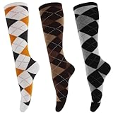 ACTOYS 3 Paar Karierte Reitsocken, Knie Stiefelsocken, Kniestrümpfe Damen, Knee High Socks, Modische Radsocken mit Karomuster, Warm und Bequem(Gelbweiß, Schwarzweiß, Braun)